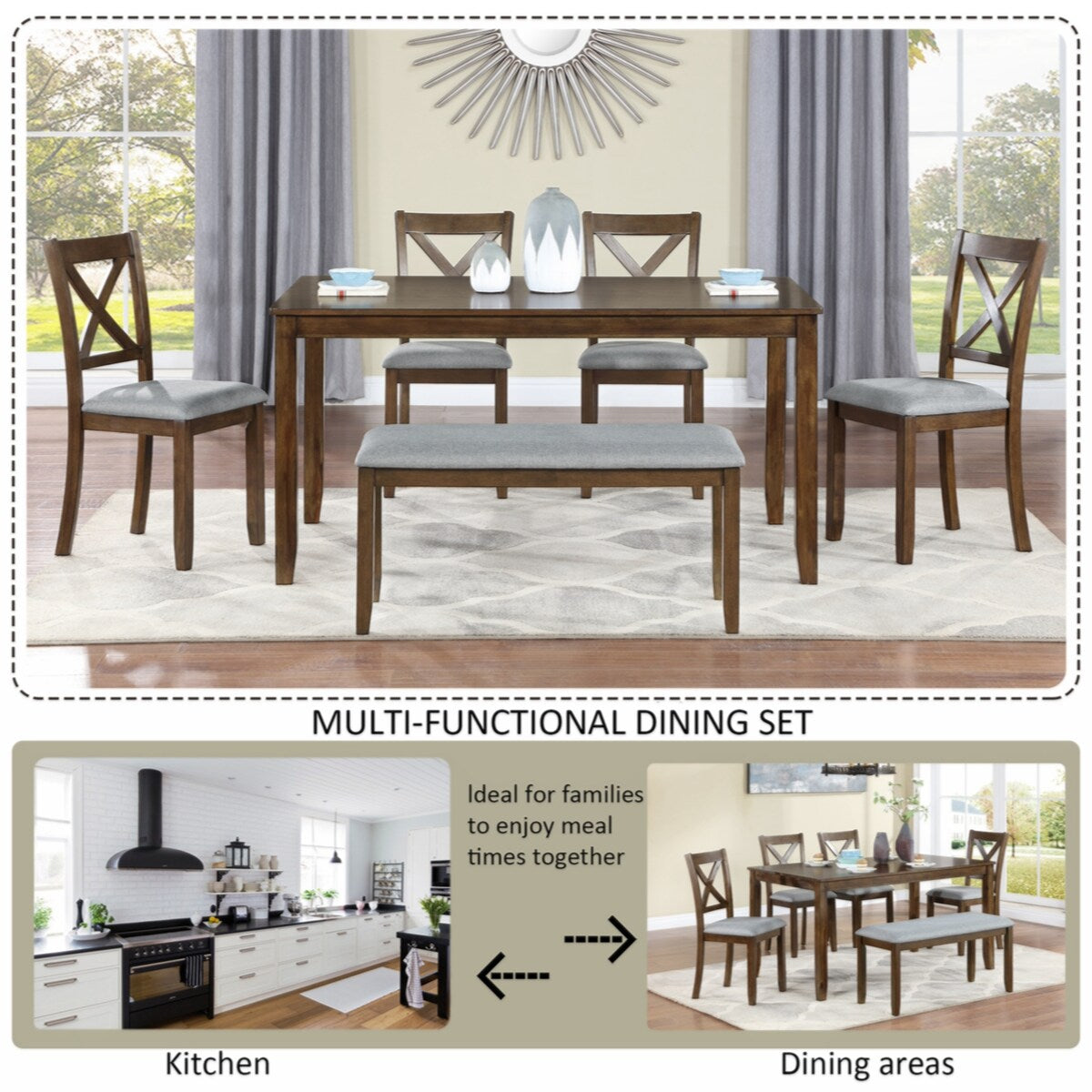Wooden Dining Rectangular Table with Bench, Kitchen Table with Bench for Small Space,6 Person Dining Table