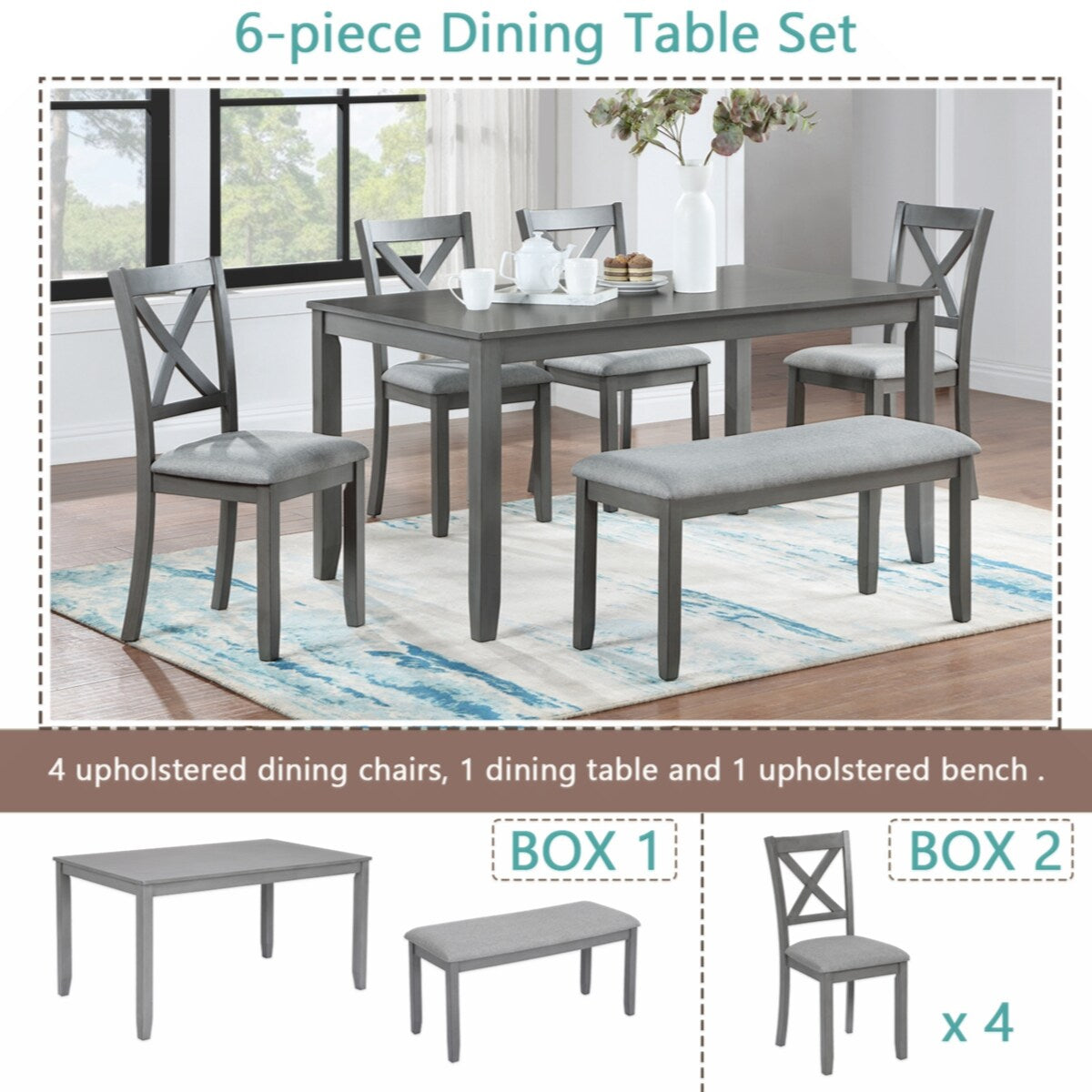 Wooden Dining Rectangular Table with Bench, Kitchen Table with Bench for Small Space,6 Person Dining Table