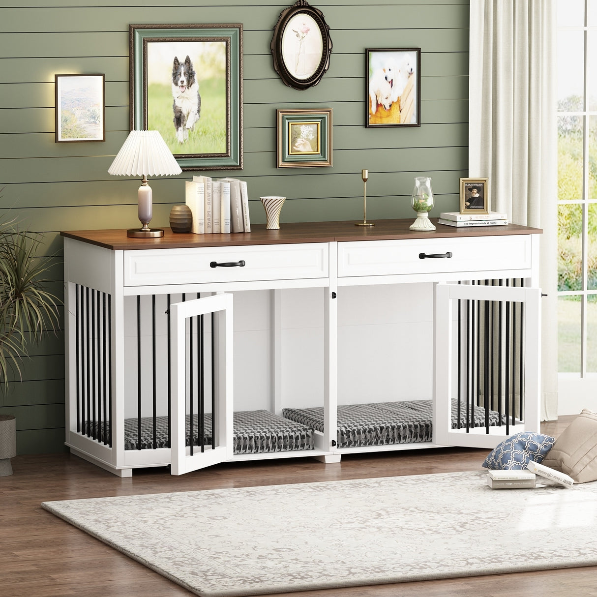 Wooden Double Dog Crate Kennel Furniture with 2 Drawers & Divider