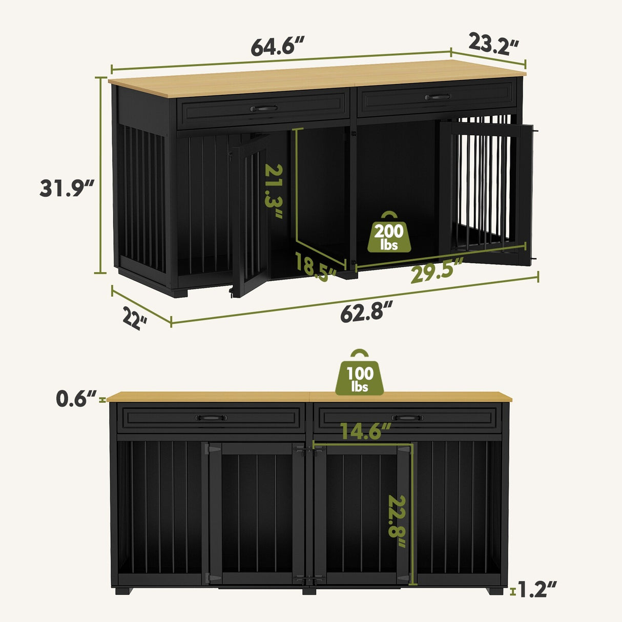 Wooden Double Dog Crate Kennel Furniture with 2 Drawers & Divider