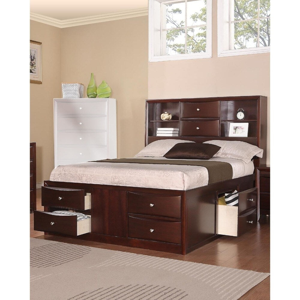 Wooden E.King Bed W/ Display Shelves & Under Bed Drawers Dark Brown Finish