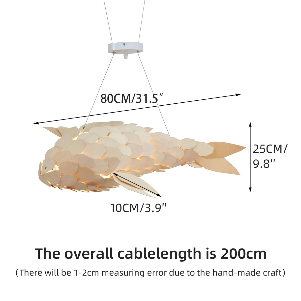 Wooden Fish Shaped Pendant Lights Decorative Hanging Lamp Fixture - 24" x 10"