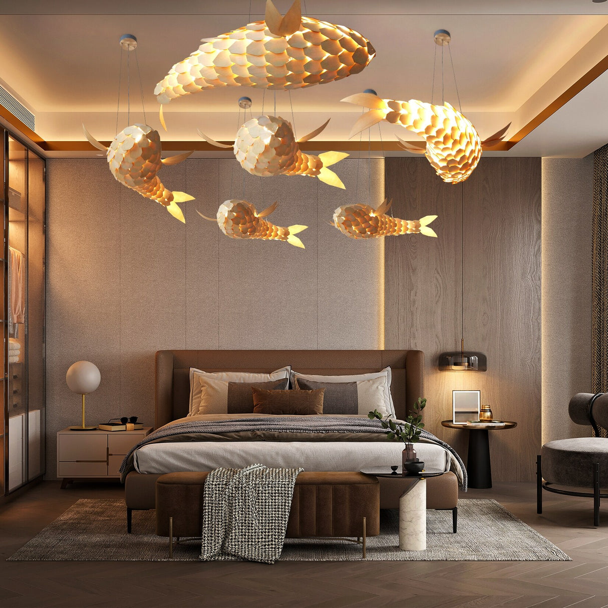 Wooden Fish Shaped Pendant Lights Decorative Hanging Lamp Fixture - 24" x 10"