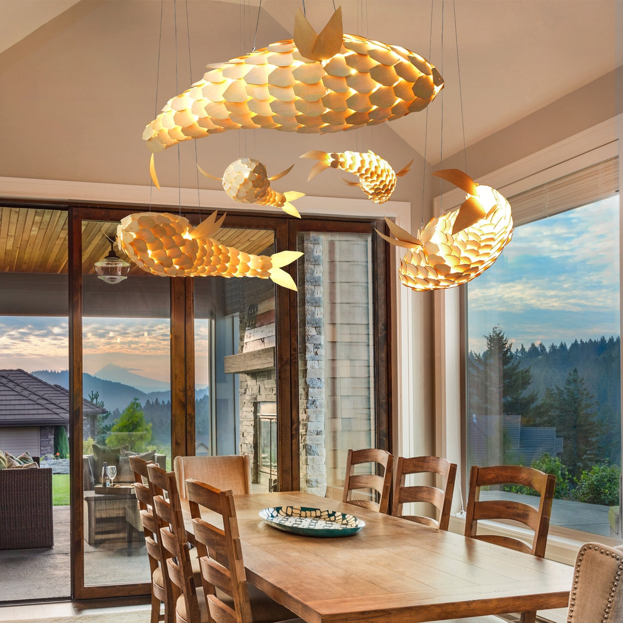 Wooden Fish Shaped Pendant Lights Decorative Hanging Lamp Fixture - 24" x 10"