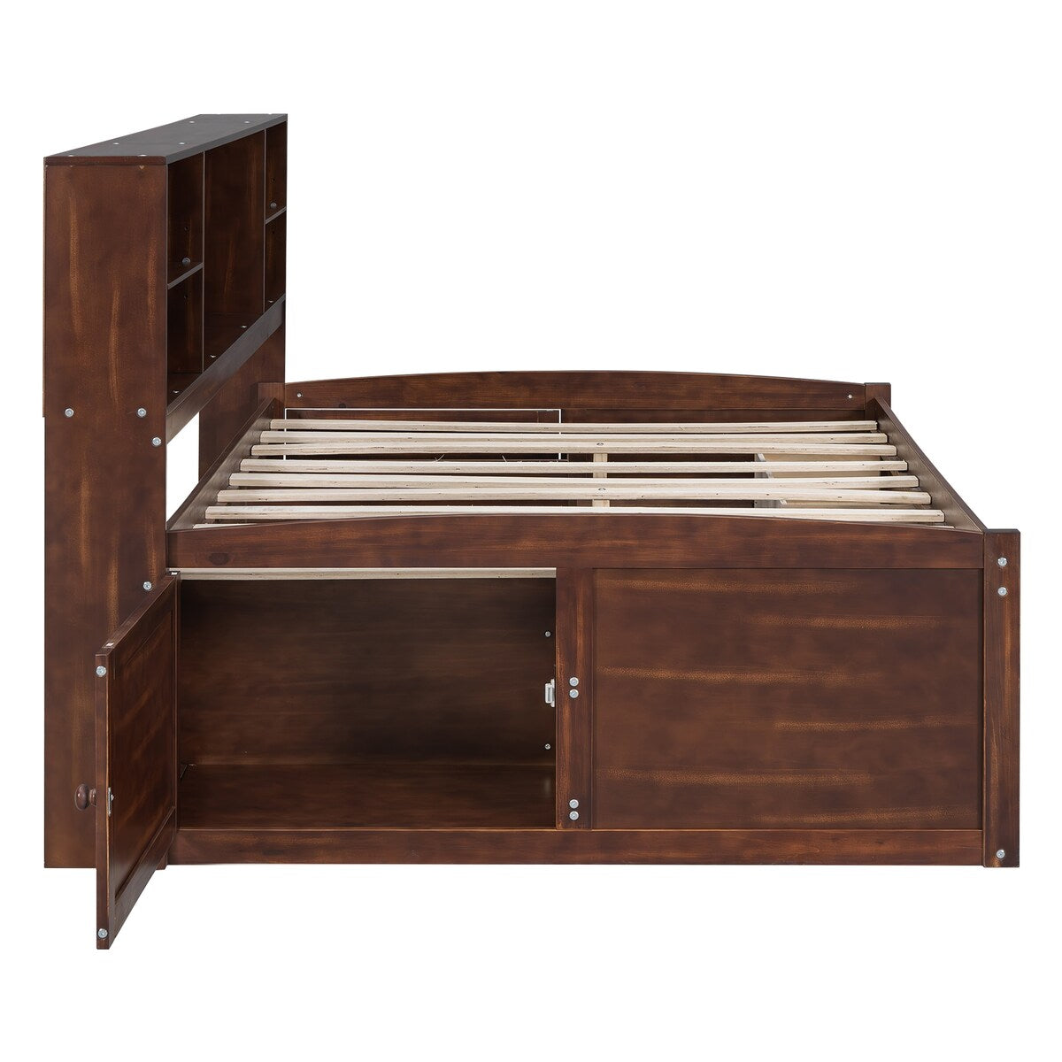 Wooden Full Size Kids Captain Bed with Shelves and Storage, Antique Brown