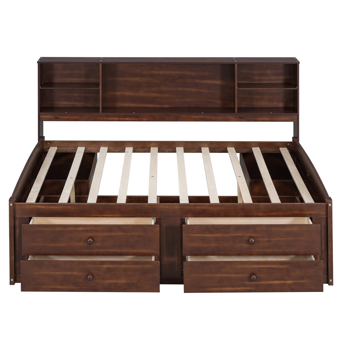Wooden Full Size Kids Captain Bed with Shelves and Storage, Antique Brown