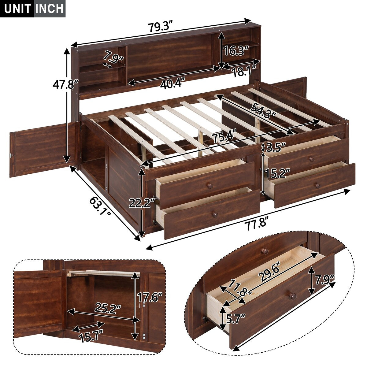 Wooden Full Size Kids Captain Bed with Shelves and Storage, Antique Brown