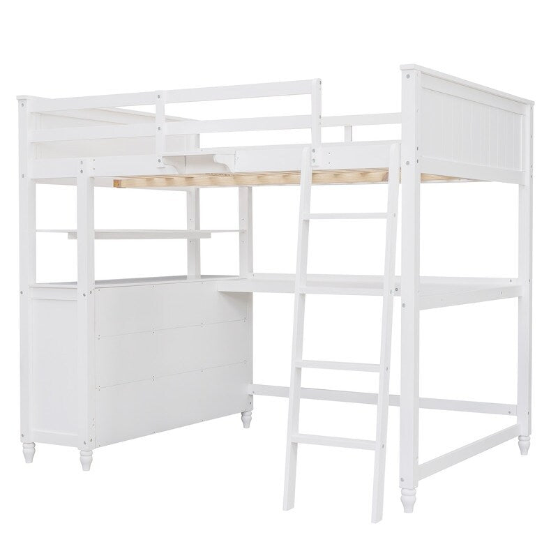 Wooden Full Size Loft Bed with Drawers and Desk, Platform Bed with Shelves
