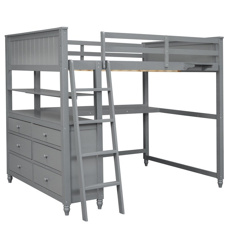 Wooden Full Size Loft Bed with Drawers and Desk, Platform Bed with Shelves