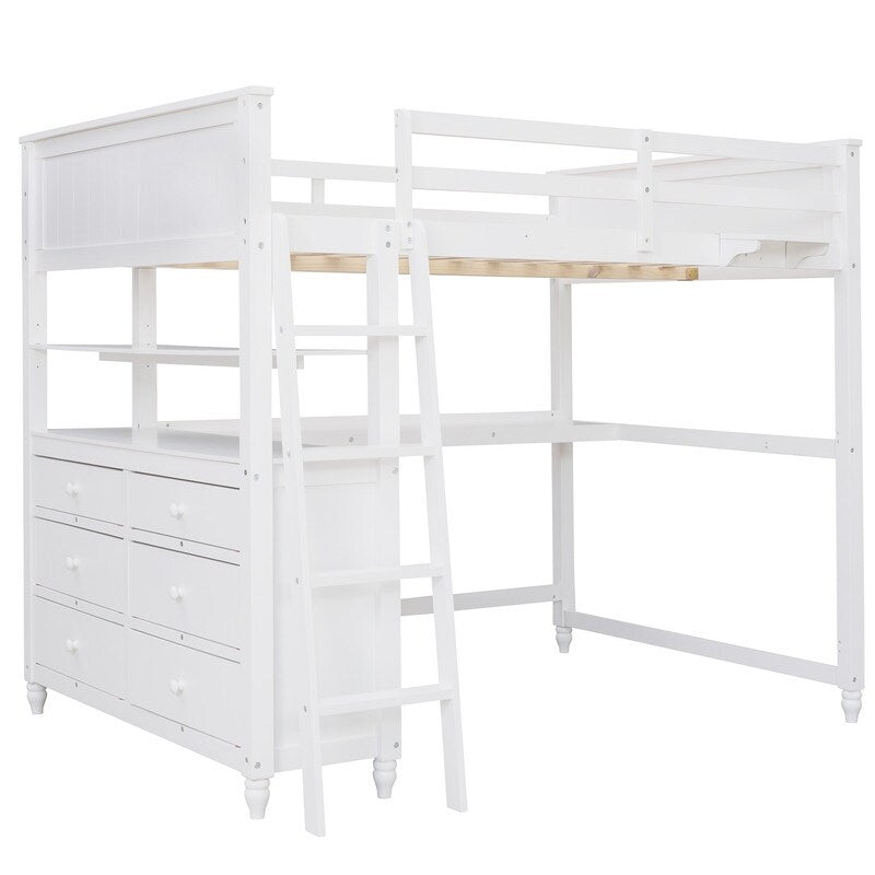 Wooden Full Size Loft Bed with Drawers and Desk, Platform Bed with Shelves