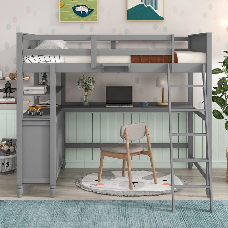 Wooden Full Size Loft Bed with Drawers and Desk, Platform Bed with Shelves