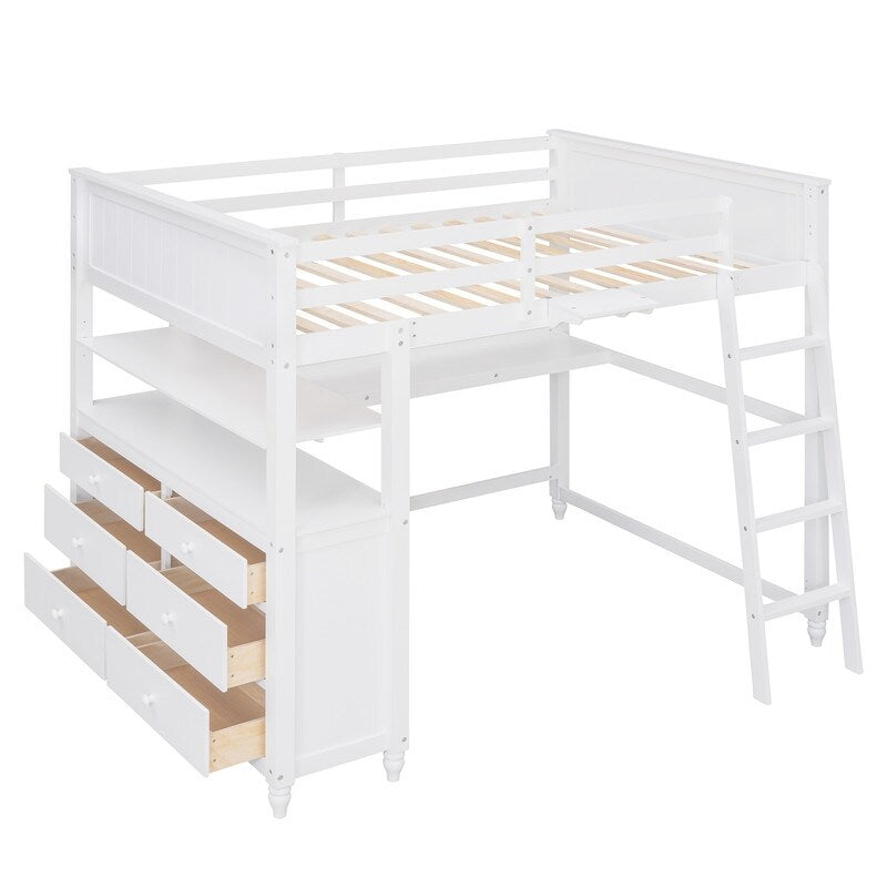 Wooden Full Size Loft Bed with Drawers and Desk, Platform Bed with Shelves