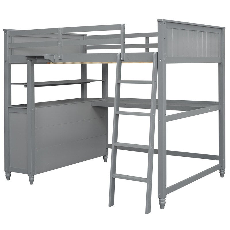Wooden Full Size Loft Bed with Drawers and Desk, Platform Bed with Shelves