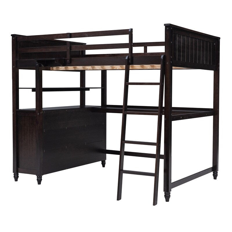 Wooden Full Size Loft Bed with Drawers and Desk, Platform Bed with Shelves