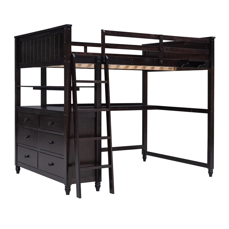 Wooden Full Size Loft Bed with Drawers and Desk, Platform Bed with Shelves