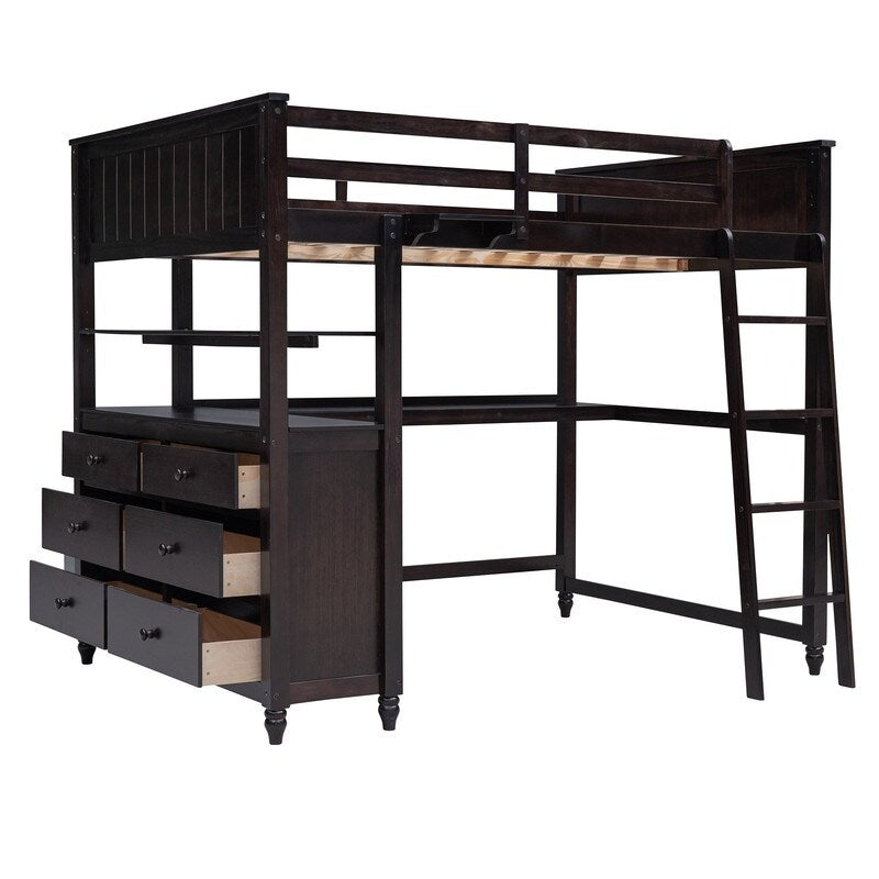 Wooden Full Size Loft Bed with Drawers and Desk, Platform Bed with Shelves