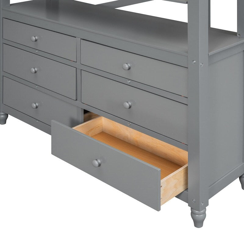 Wooden Full Size Loft Bed with Drawers and Desk, Platform Bed with Shelves