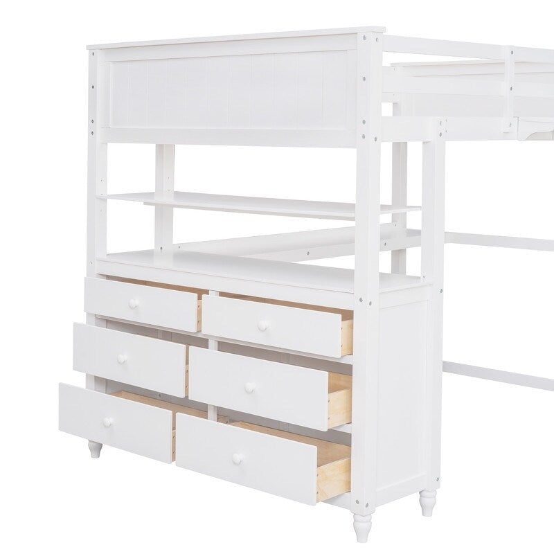 Wooden Full Size Loft Bed with Drawers and Desk, Platform Bed with Shelves