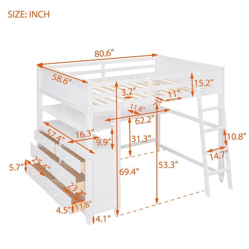 Wooden Full Size Loft Bed with Drawers and Desk, Platform Bed with Shelves