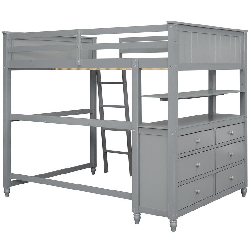 Wooden Full Size Loft Bed with Drawers and Desk, Platform Bed with Shelves