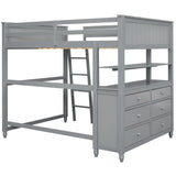 Wooden Full Size Loft Bed with Drawers and Desk, Platform Bed with Shelves