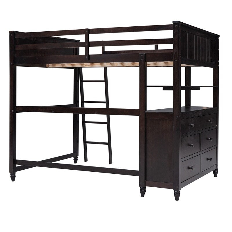 Wooden Full Size Loft Bed with Drawers and Desk, Platform Bed with Shelves