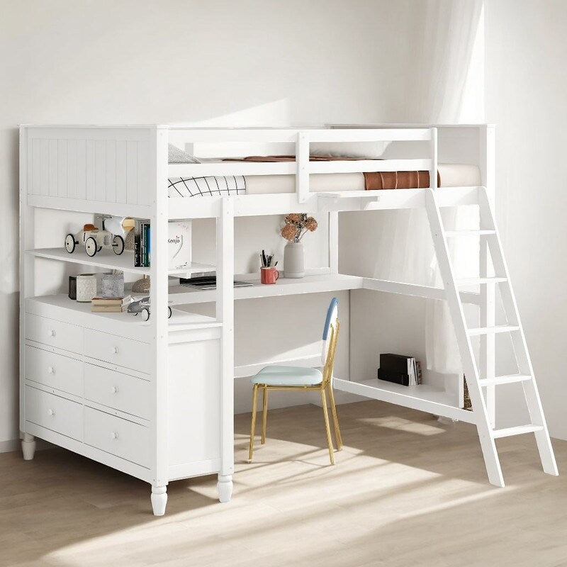 Wooden Full Size Loft Bed with Drawers and Desk, Platform Bed with Shelves