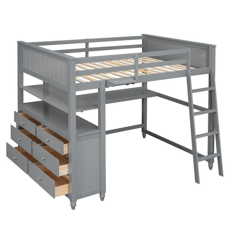 Wooden Full Size Loft Bed with Drawers and Desk, Platform Bed with Shelves