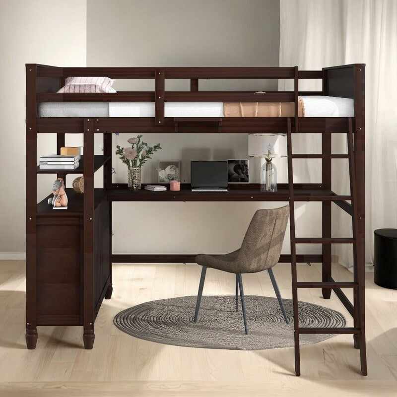 Wooden Full Size Loft Bed with Drawers and Desk, Platform Bed with Shelves