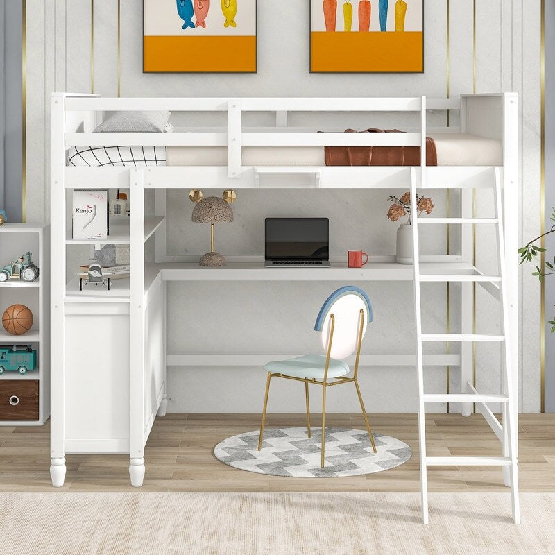 Wooden Full Size Loft Bed with Drawers and Desk, Platform Bed with Shelves