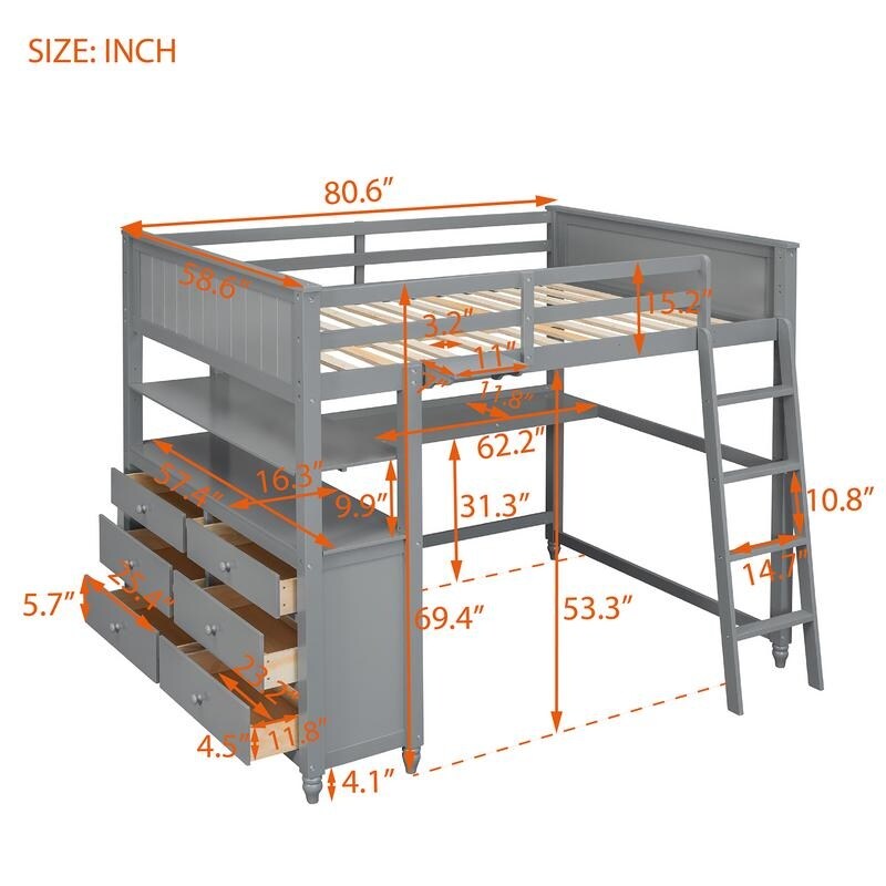 Wooden Full Size Loft Bed with Drawers and Desk, Platform Bed with Shelves