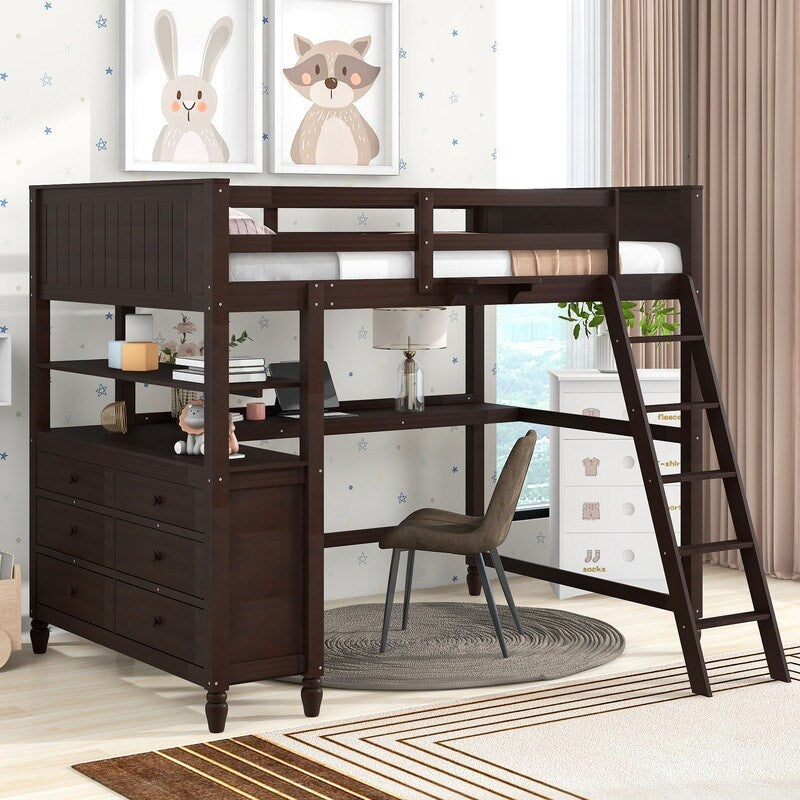 Wooden Full Size Loft Bed with Drawers and Desk, Platform Bed with Shelves