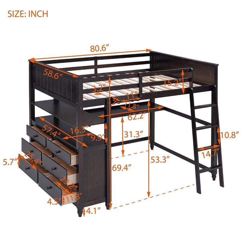 Wooden Full Size Loft Bed with Drawers and Desk, Platform Bed with Shelves
