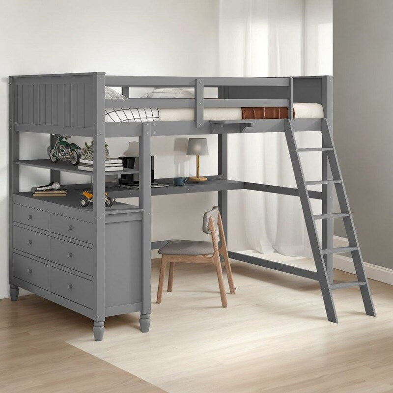 Wooden Full Size Loft Bed with Drawers and Desk, Platform Bed with Shelves
