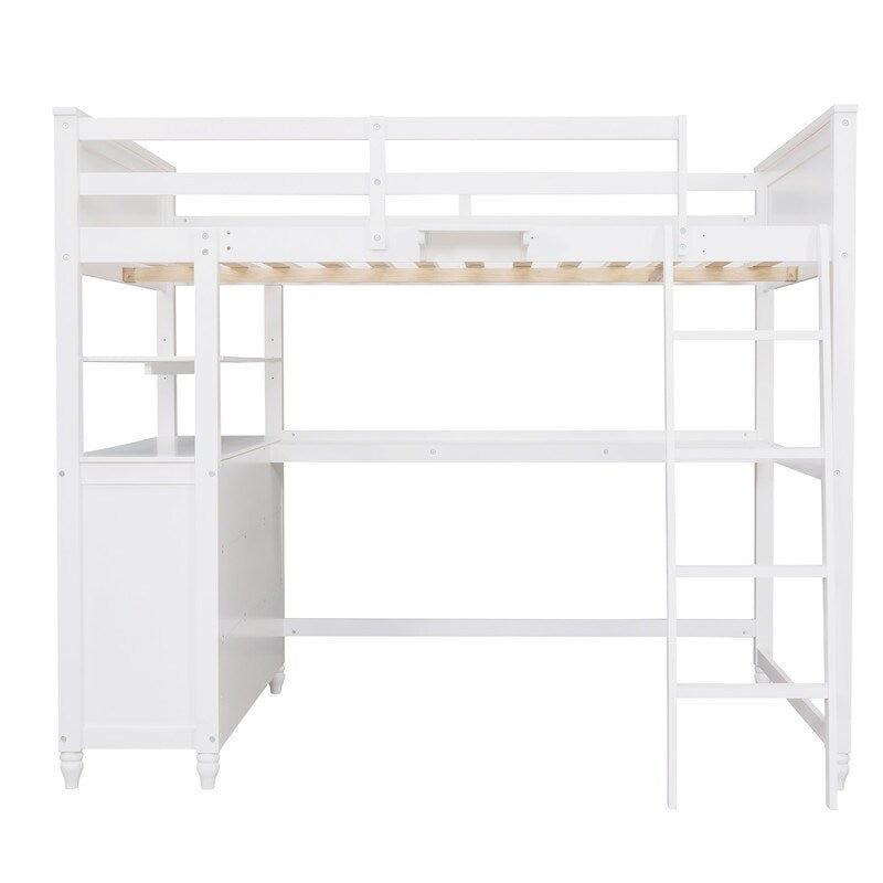Wooden Full Size Loft Bed with Drawers and Desk, Platform Bed with Shelves