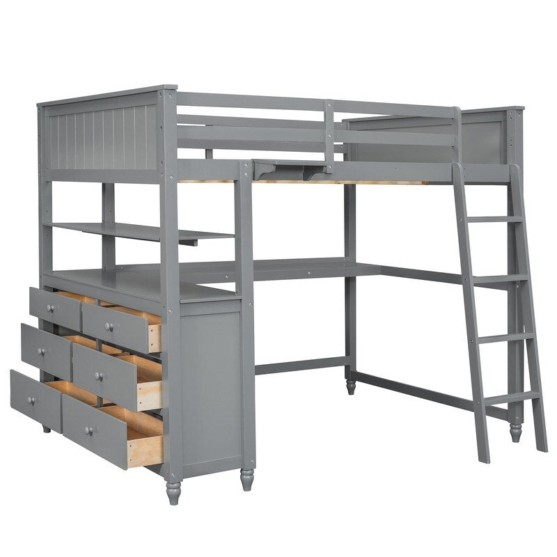 Wooden Full Size Loft Bed with Drawers and Desk, Platform Bed with Shelves