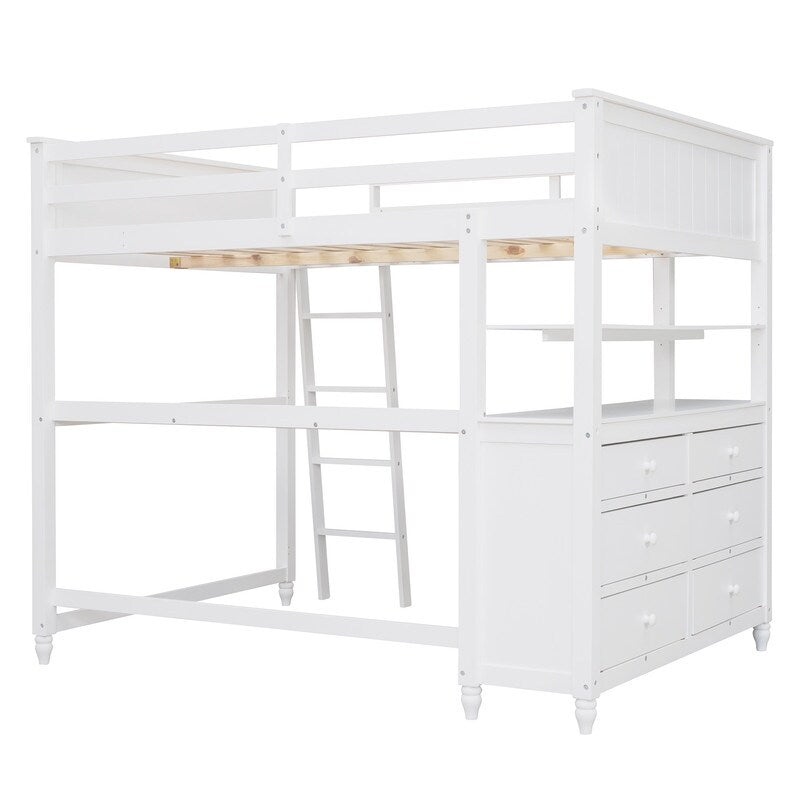 Wooden Full Size Loft Bed with Drawers and Desk, Platform Bed with Shelves