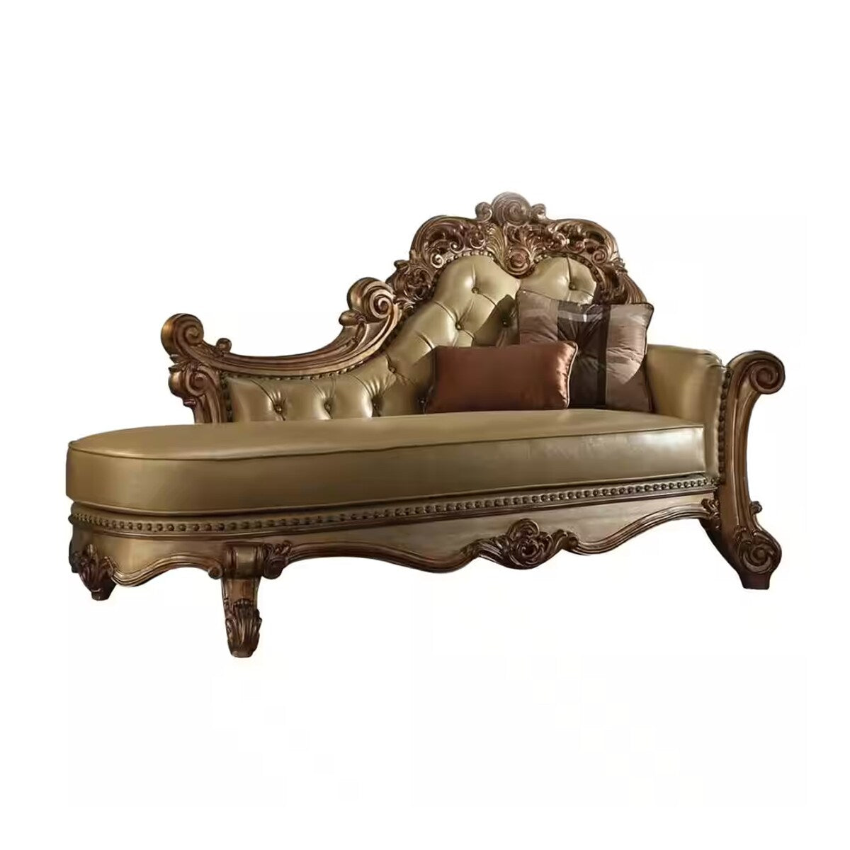 Wooden Gracious Chaise with 2 Pillows, Gold Patina & Bone