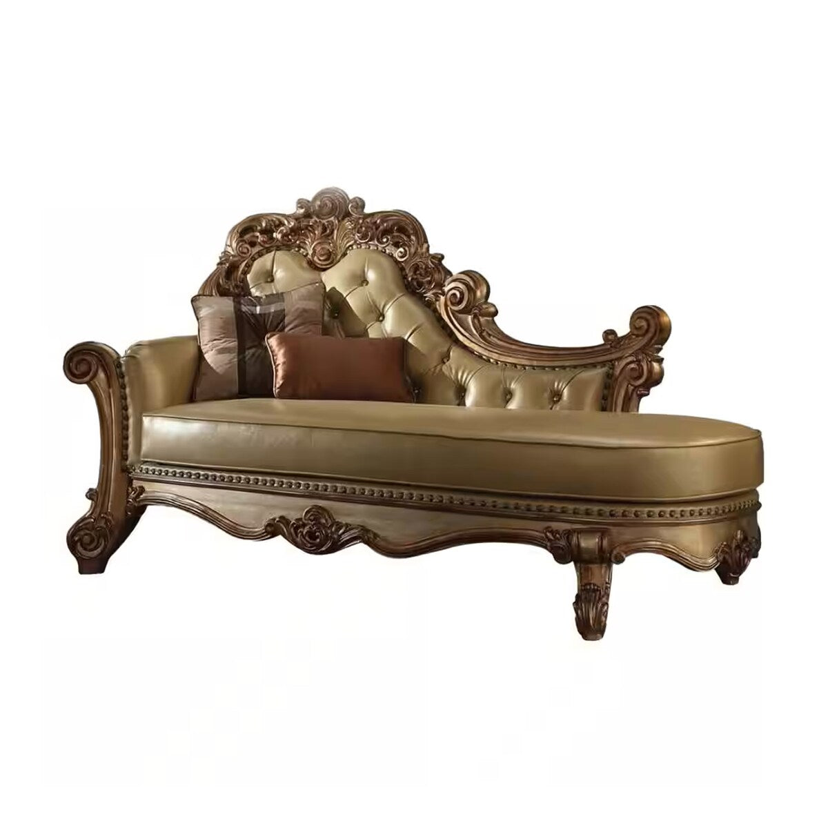Wooden Gracious Chaise with 2 Pillows, Gold Patina & Bone