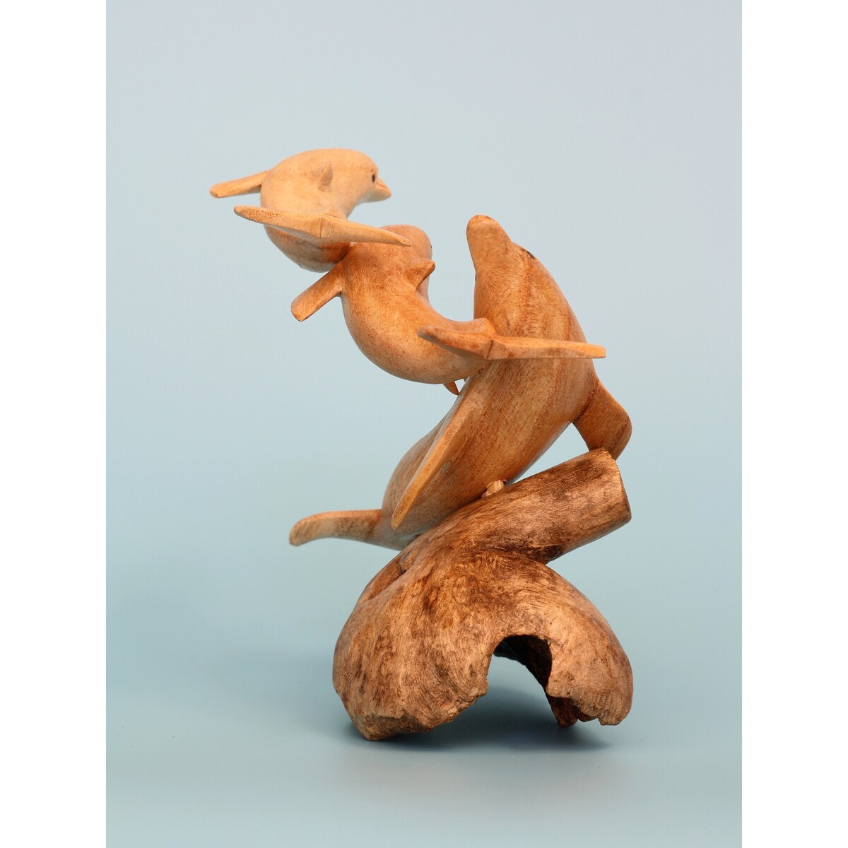 Wooden Hand Carved 3 Dolphins Statue Sculpture Wood Decorative Home Decor Accent Figurine Handcrafted Handmade Tropical Nauti