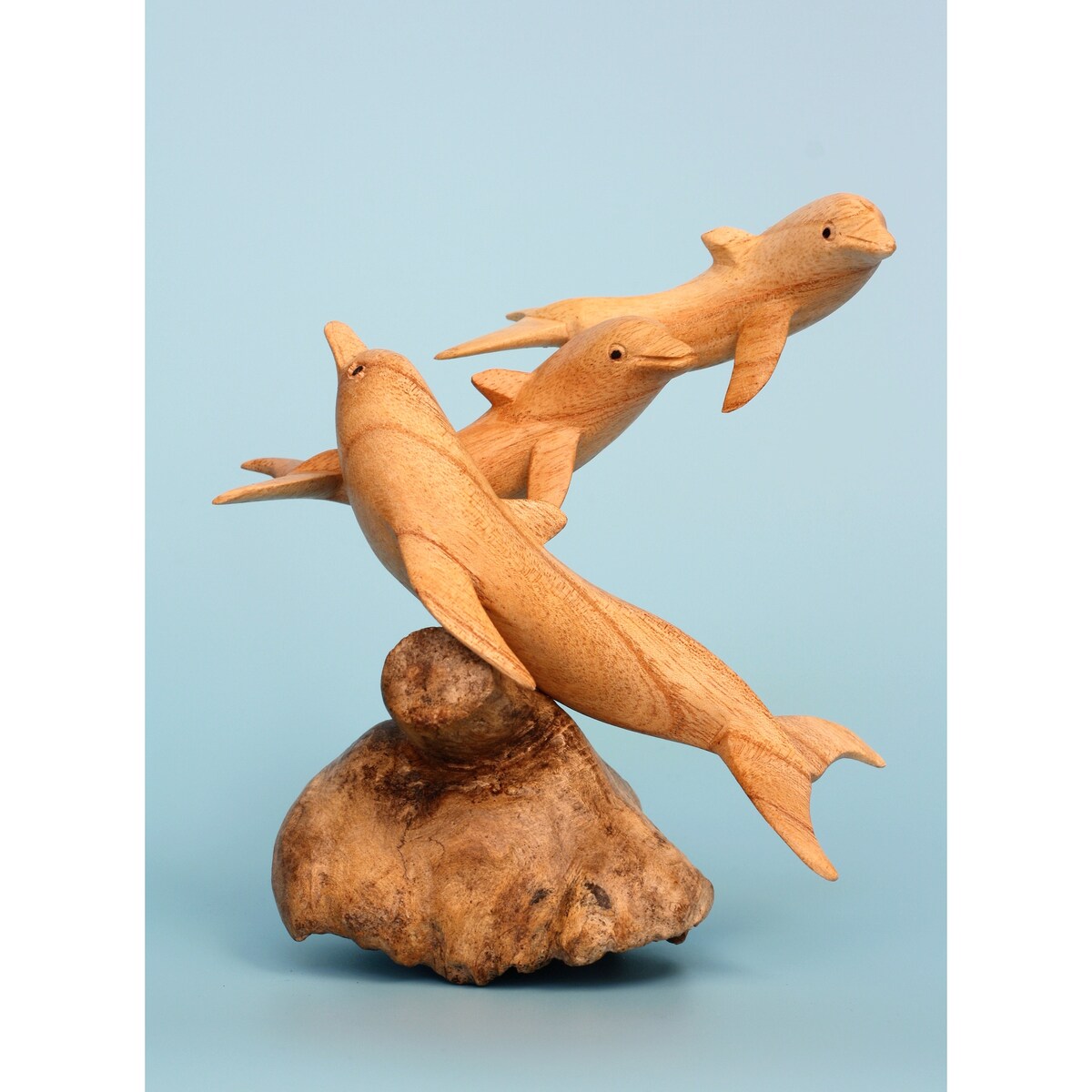 Wooden Hand Carved 3 Dolphins Statue Sculpture Wood Decorative Home Decor Accent Figurine Handcrafted Handmade Tropical Nauti