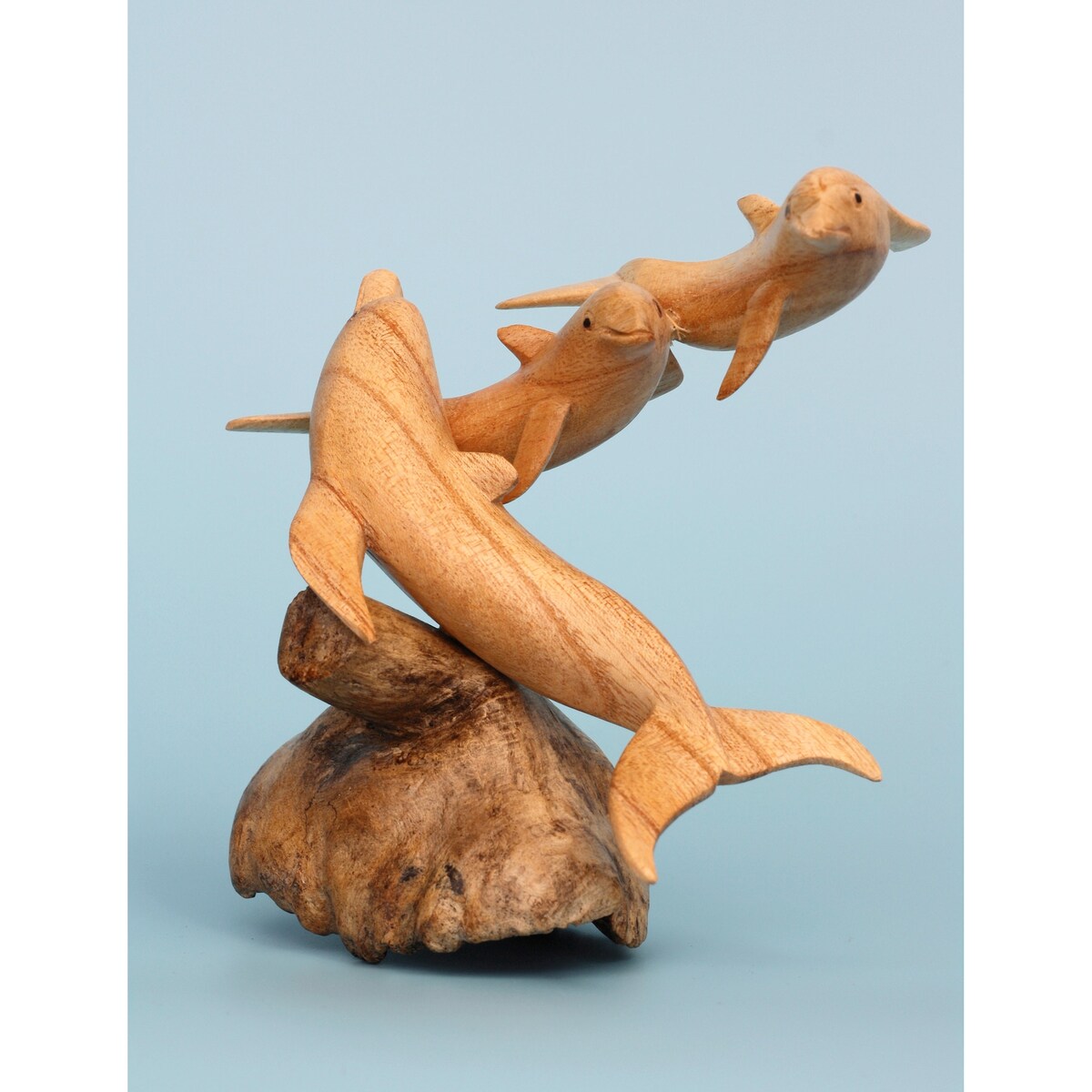 Wooden Hand Carved 3 Dolphins Statue Sculpture Wood Decorative Home Decor Accent Figurine Handcrafted Handmade Tropical Nauti