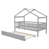 Wooden House Bed with Twin Size Trundle