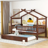 Wooden House Bed with Twin Size Trundle
