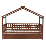 Wooden House Bed with Twin Size Trundle