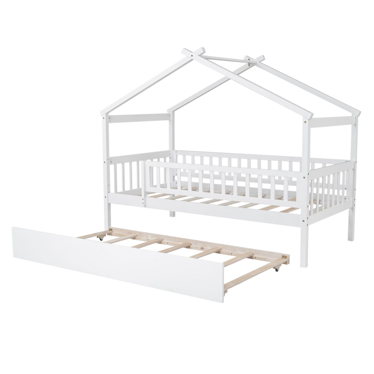 Wooden House Bed with Twin Size Trundle