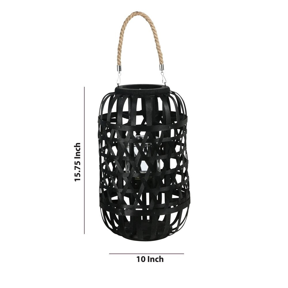 Wooden Lantern with Octagonal Cut Out and Rope Hanger, Medium, Black