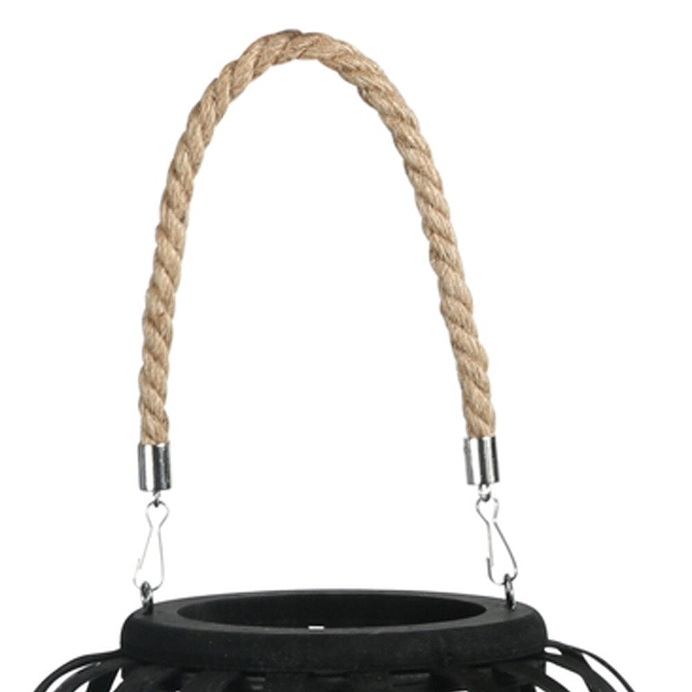 Wooden Lantern with Octagonal Cut Out and Rope Hanger, Medium, Black