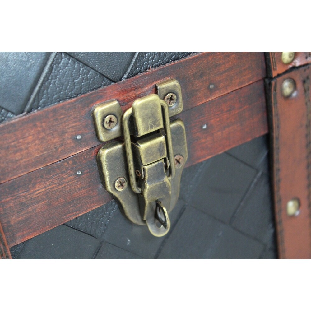 Wooden Leather Round Top Treasure Chest - Brown