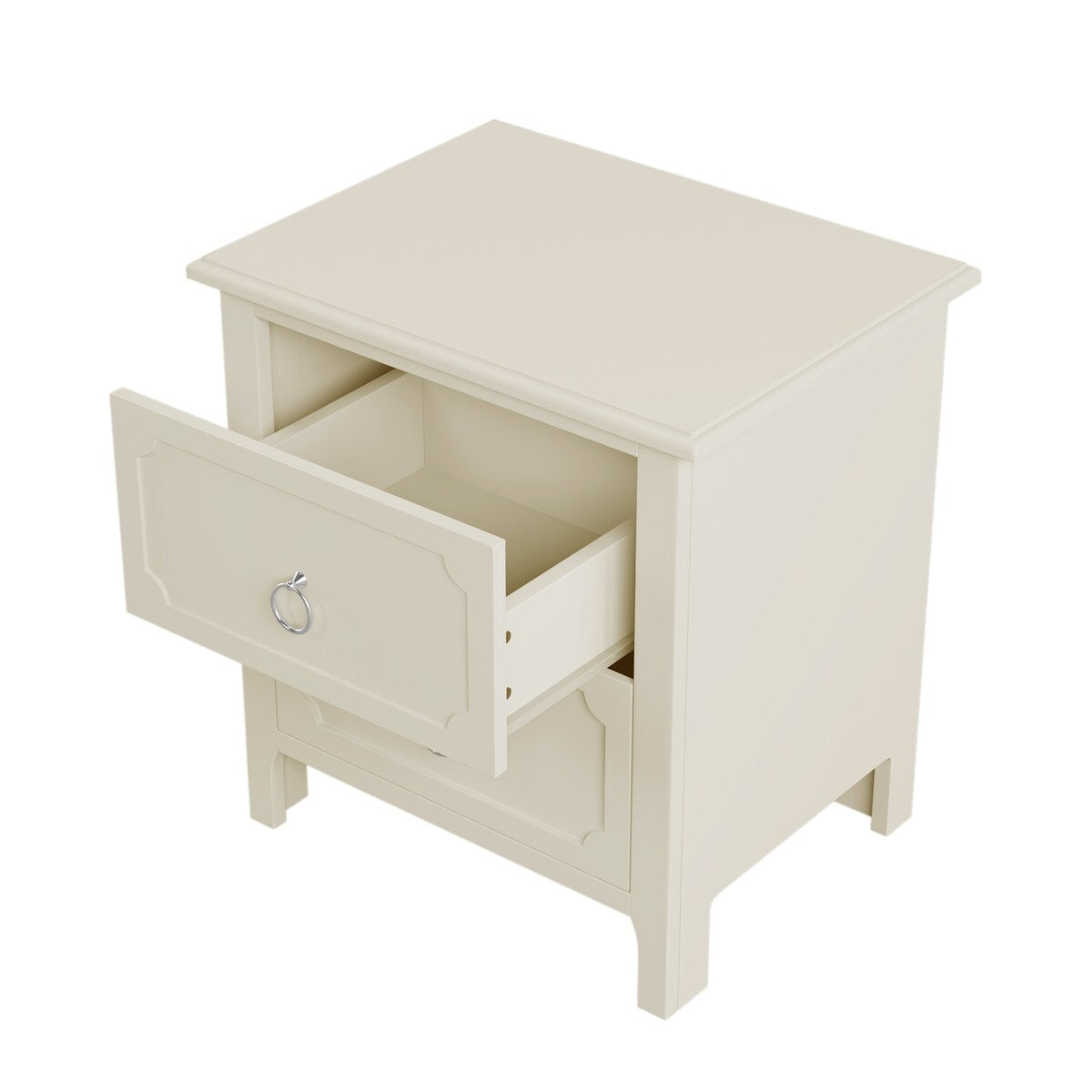Wooden Nightstand Two Drawers Silver Metal Handles for Living Room